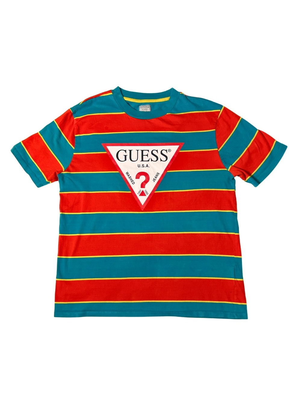 GUESS Men’s M Striped Triangle Logo Graphic T-Shirt Green Red